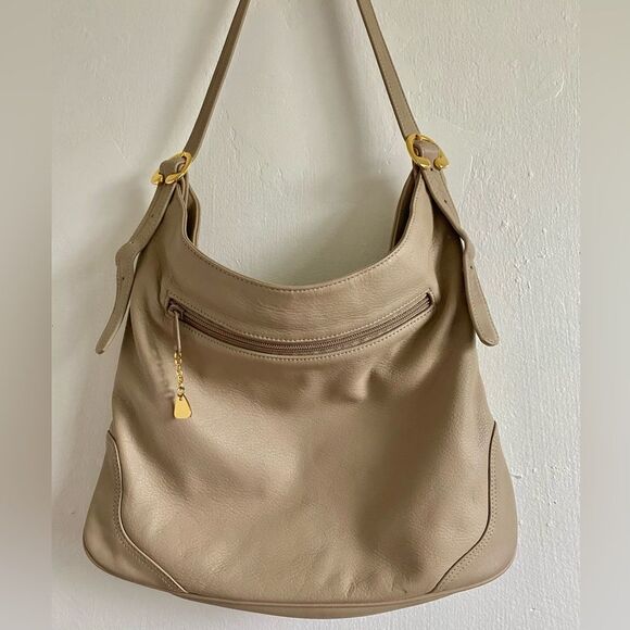 Vintage Leather Shoulder hobo Bag Beige 70s Neutral Monochrome Minimalist - Picture 1 of 8
